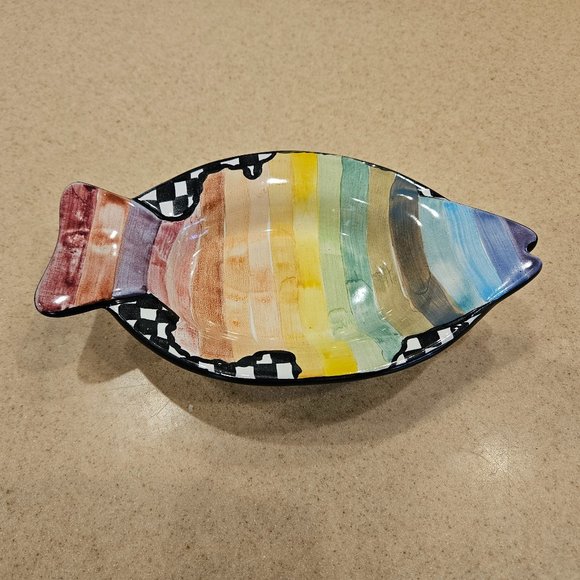 MACKENZIE CHILDS RAINBOW FISH SMALL DISH CERAMIC DESSERT SALAD ACCENT PLATE BOWL - Picture 1 of 12